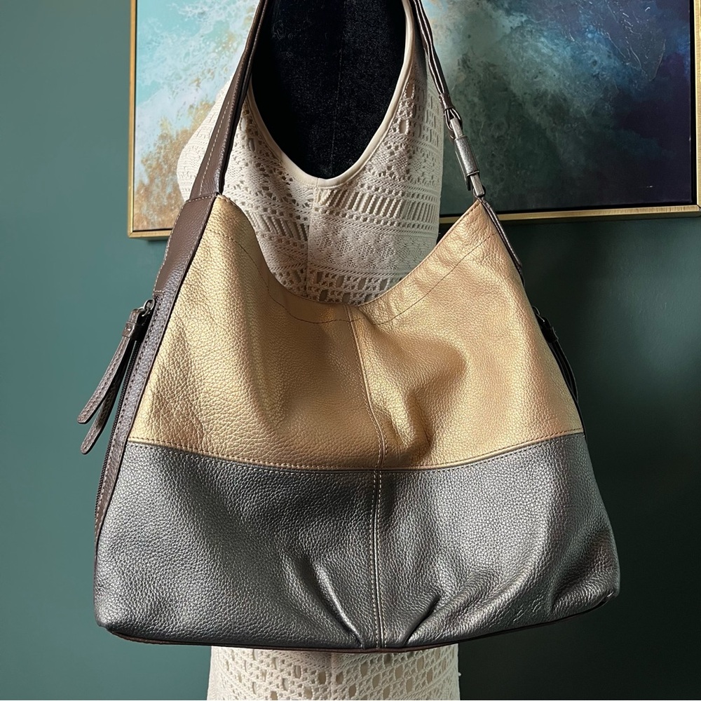 Tignanello Metallic Leather Two-Tone Hobo Bag in - Picture 2 of 13